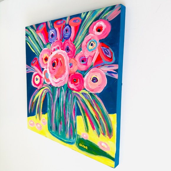 Original Abstract Floral Painting: Colorful Flowers Vase Still Life 12"x12" OOAK - Picture 4 of 10